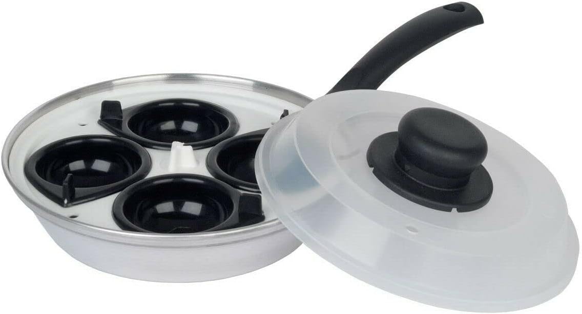 Egg Poaching Pan with Plastic Lid and 2 or 4 Cups - Perfect for Breakfast - Lightweight Aluminium Cookware