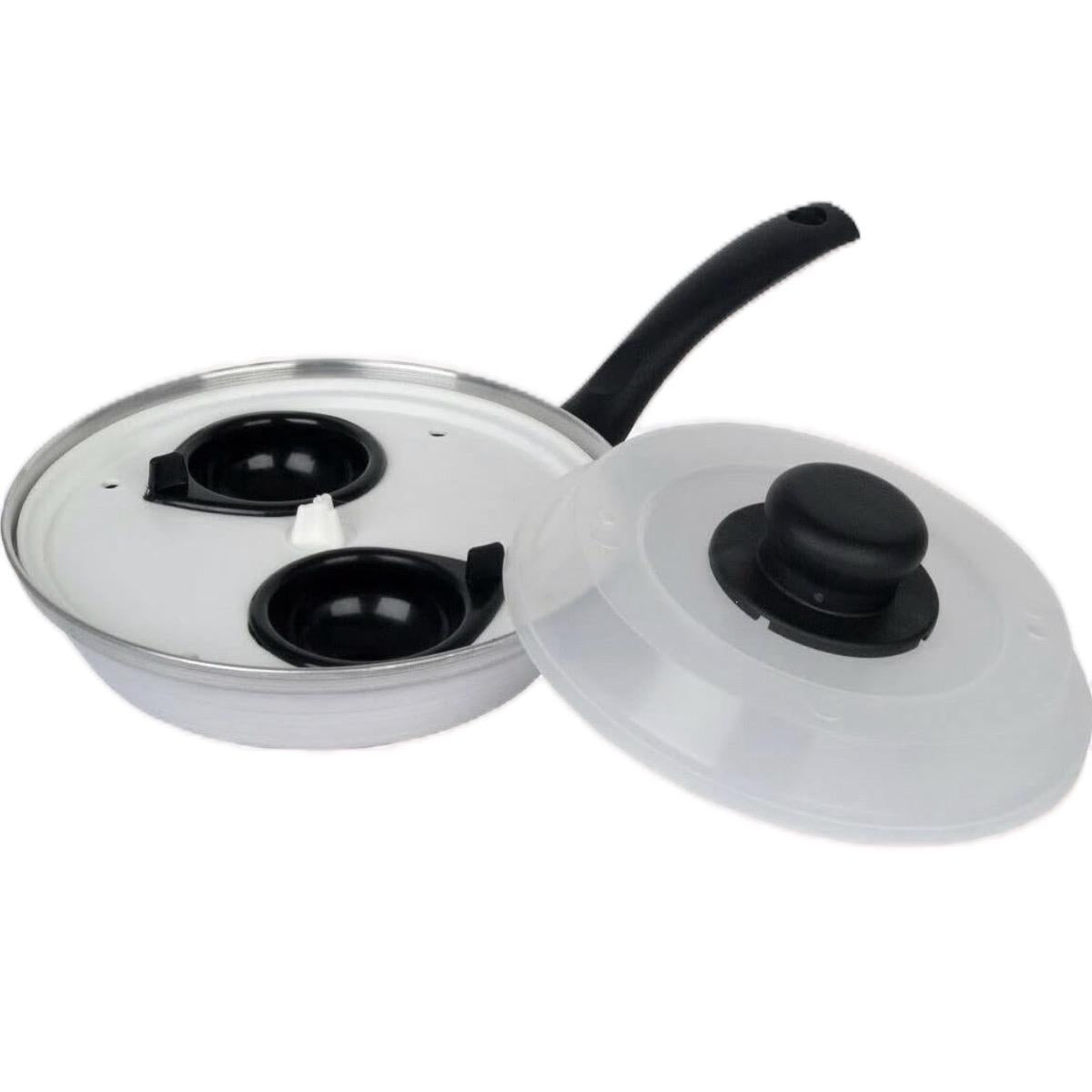 Egg Poaching Pan with Plastic Lid and 2 or 4 Cups - Perfect for Breakfast - Lightweight Aluminium Cookware