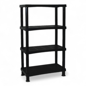 4 tier plastic shelving unit in black for home garage or utility storage