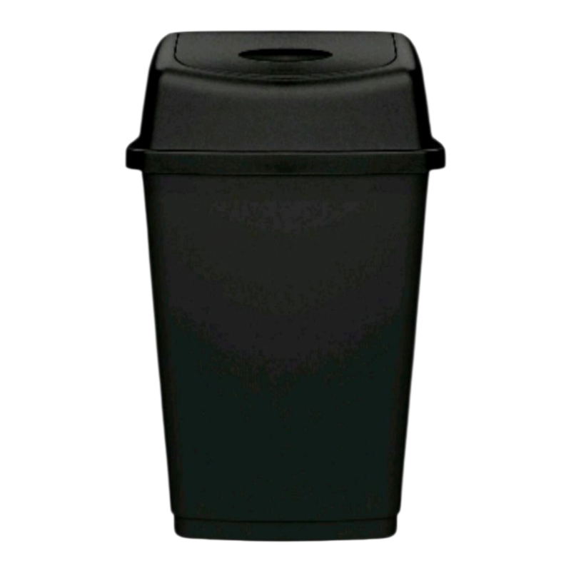 Black 50L plastic swing bin with flip top lid for kitchen or office
