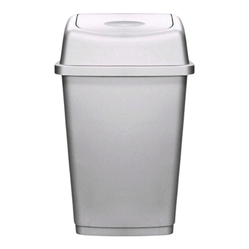 Silver 50L plastic swing bin with flip lid for household or office use