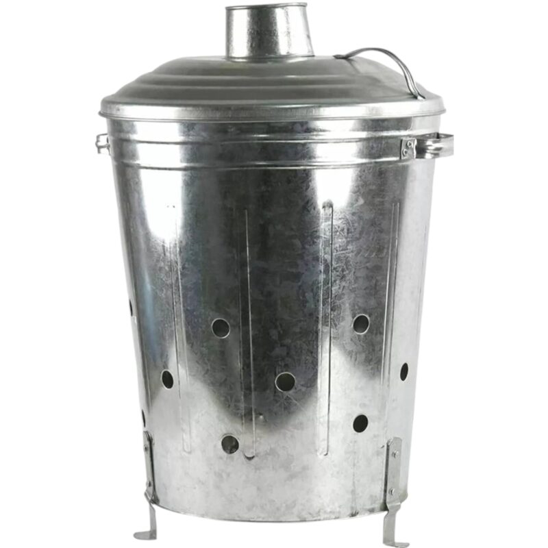 60 Litre Galvanised steel garden incinerator fire bin with chimney lid