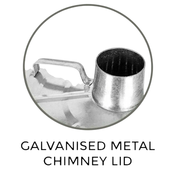 Close up of galvanised steel chimney lid on garden incinerator fire bin