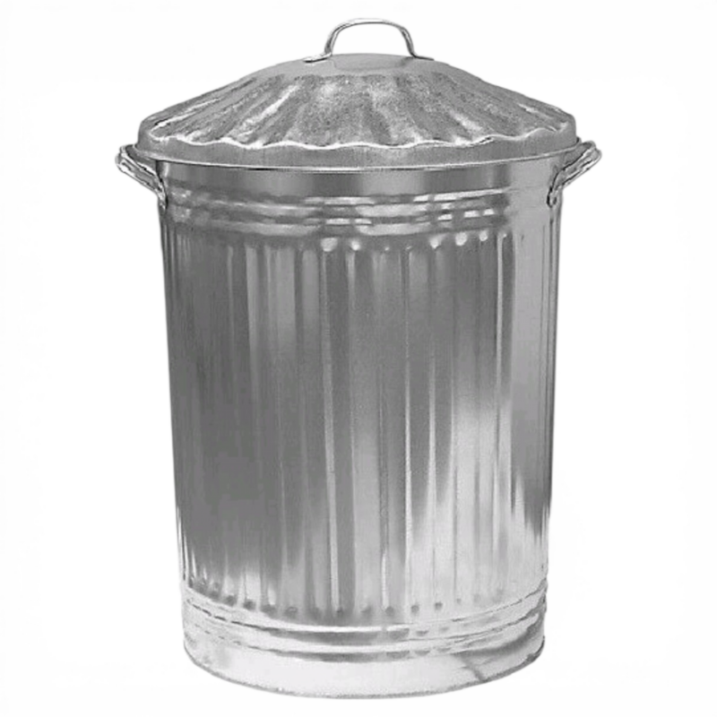 Large galvanised steel metal dustbin 90L with lid for outdoor waste or storage