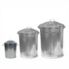 Galvanised metal dustbin with lid available in 15L 60L and 90L sizes side by side