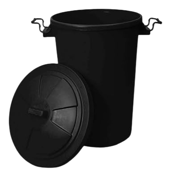 Plastic dustbin showing removable clip on locking lid