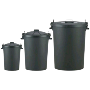 Plastic dustbin with clip locking lid available in 50L 85L and 110L sizes side by side