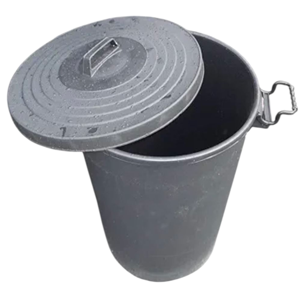 Plastic dustbin with locking lid showing weatherproof design and water resistance