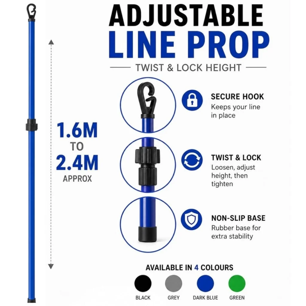 Adjustable washing line prop 1.6m to 2.4m with twist lock mechanism and non-slip base