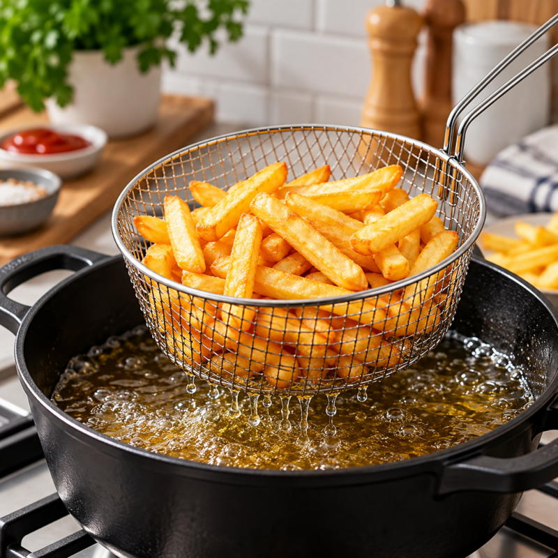 Round wire frying basket with cooked chips