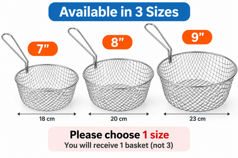 Round wire chip frying basket available in 7, 8 and 9 inch sizes