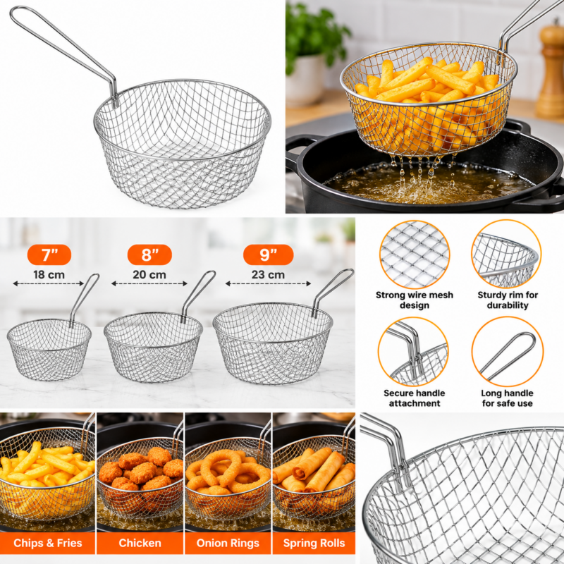 Round wire chip frying basket features, size options and suggested uses
