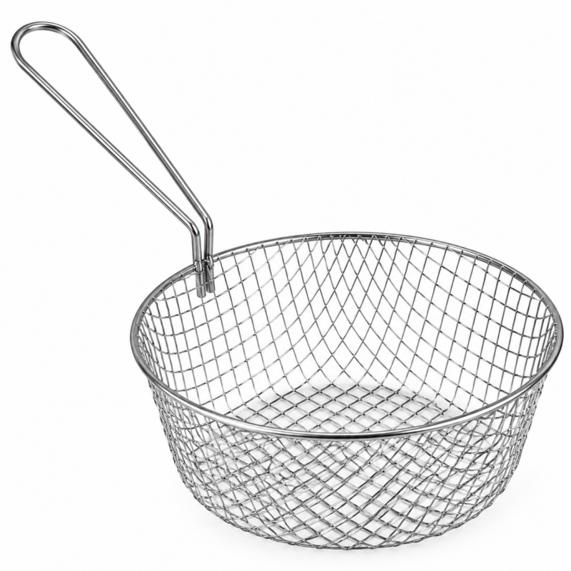 Round wire chip frying basket with handle