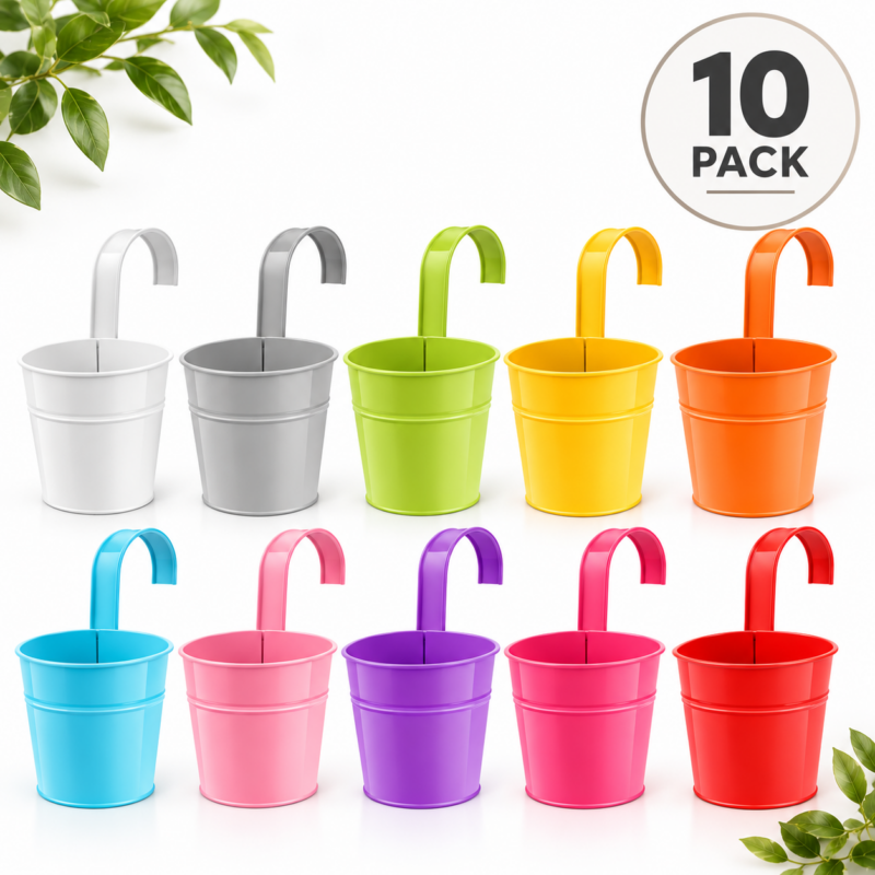 10 pack hanging flower pots in assorted colours