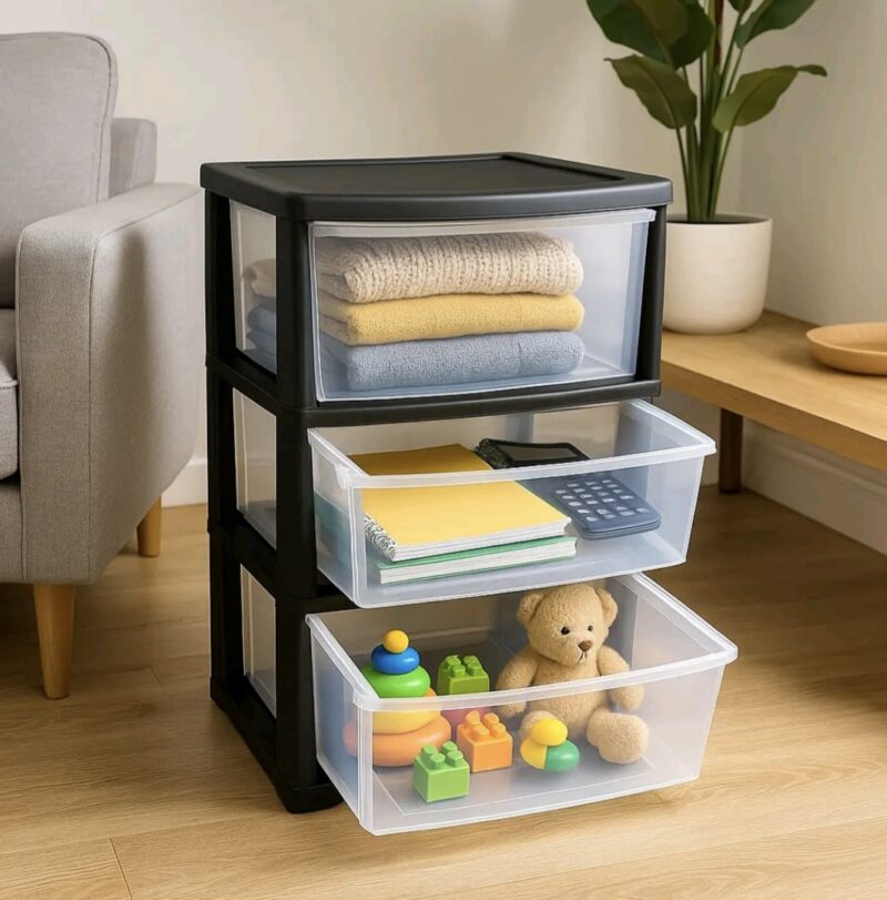 3 drawer plastic storage tower used for clothes toys and household storage