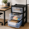 3 drawer plastic storage tower used for stationery books and office supplies
