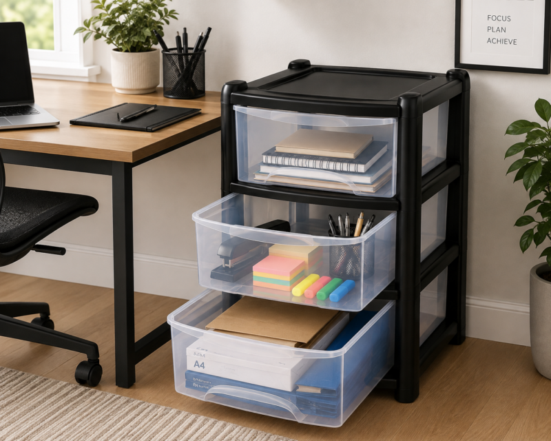 3 drawer plastic storage tower used for stationery books and office supplies