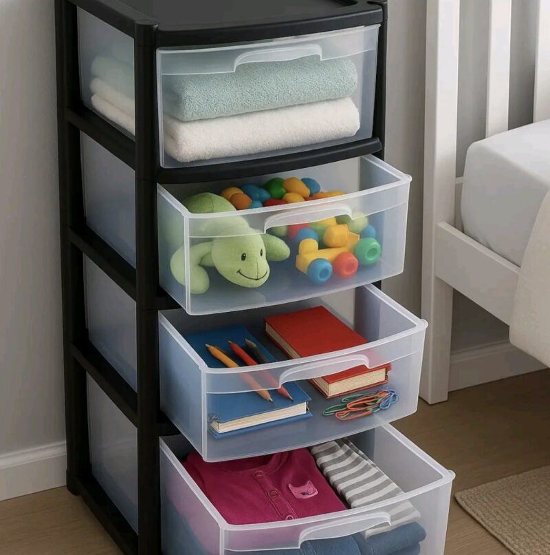 4 drawer plastic storage tower used for clothes books toys and household items