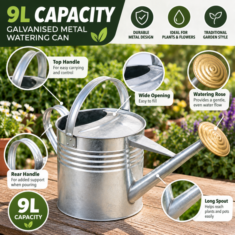 9L galvanised metal watering can features including handles, long spout and watering rose