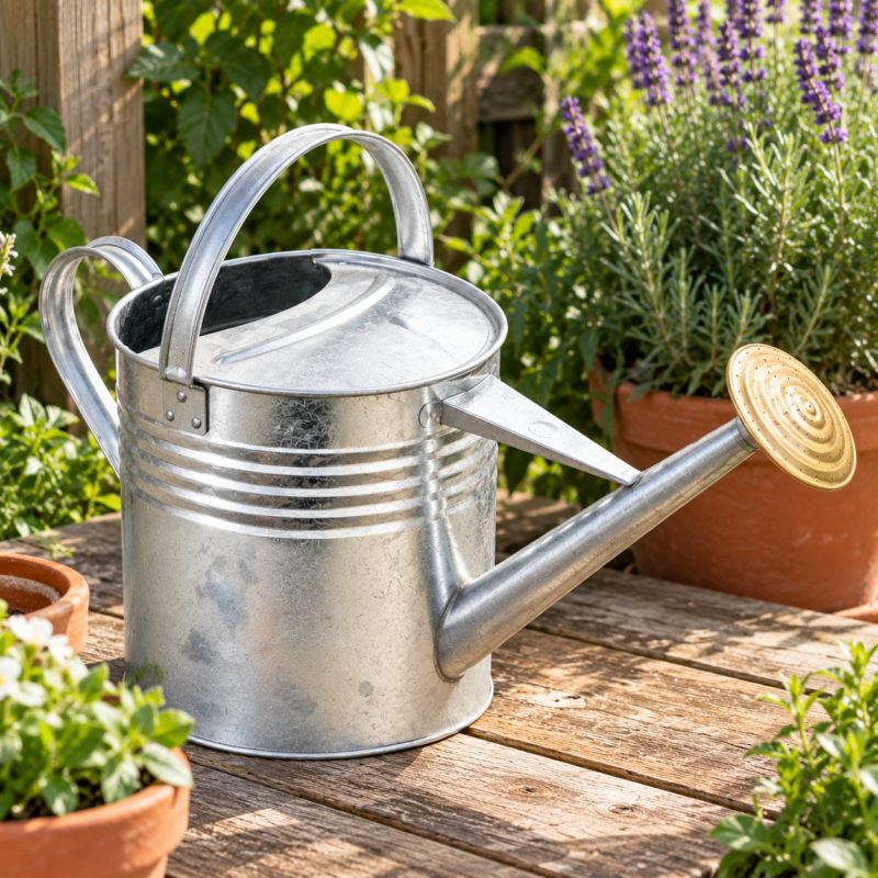 9L galvanised metal watering can in garden setting