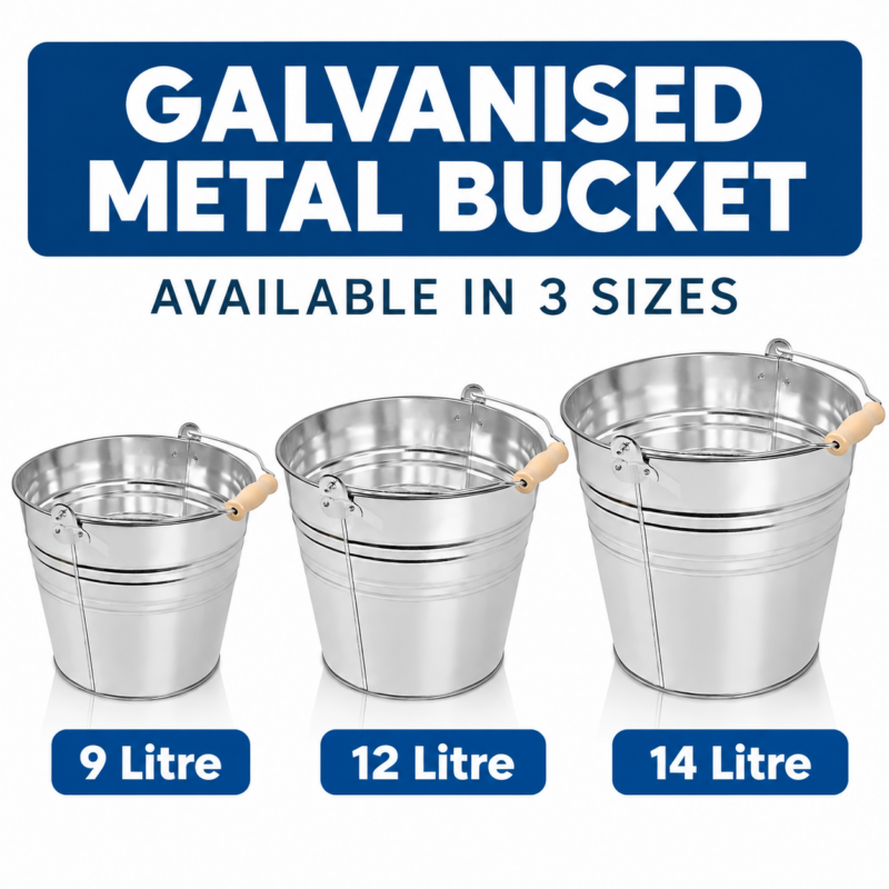 Galvanised metal buckets available in 9 litre, 12 litre and 14 litre sizes