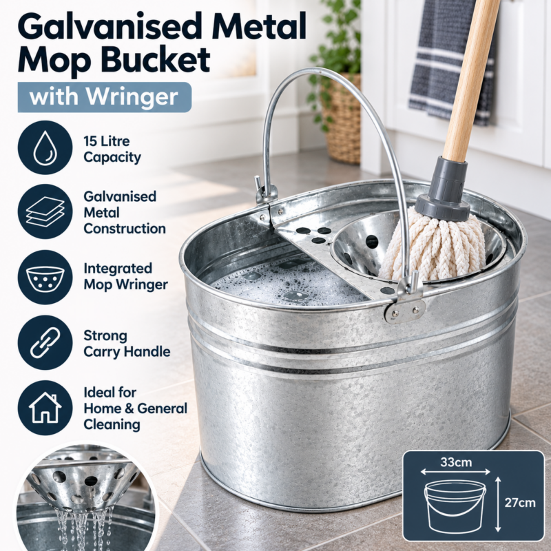 Galvanised Metal Mop Bucket Galvanised metal mop bucket features including 15 litre capacity and integrated wringer