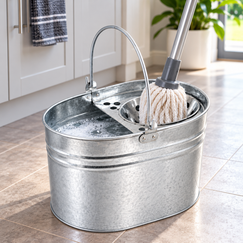 Galvanised Mop Bucket in Use Galvanised metal mop bucket with wringer in use