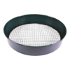 Garden Riddle Angled View Green metal garden riddle soil sieve angled view