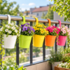 Colourful hanging flower pots with flowers on a balcony railing