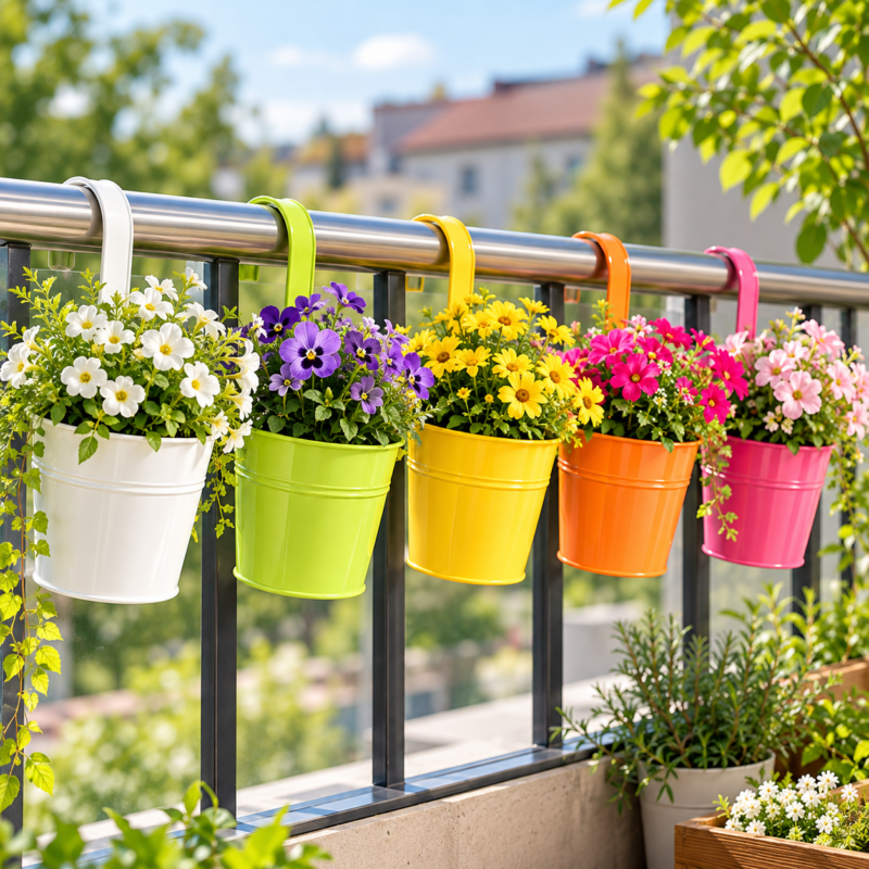 Colourful hanging flower pots with flowers on a balcony railing