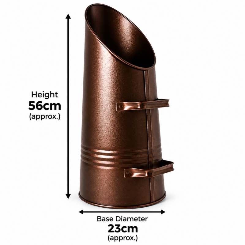 Metal Coal Hod - Dimensions Metal coal hod dimensions approximately 56cm high and 23cm base diameter