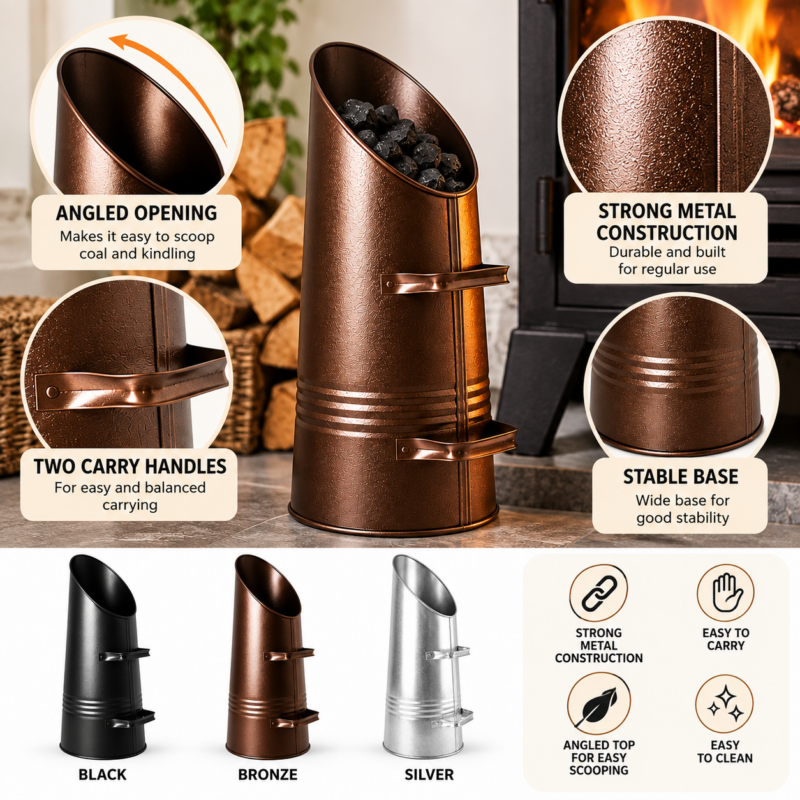 Metal Coal Hod - Features Metal coal hod features including angled opening and two carry handles