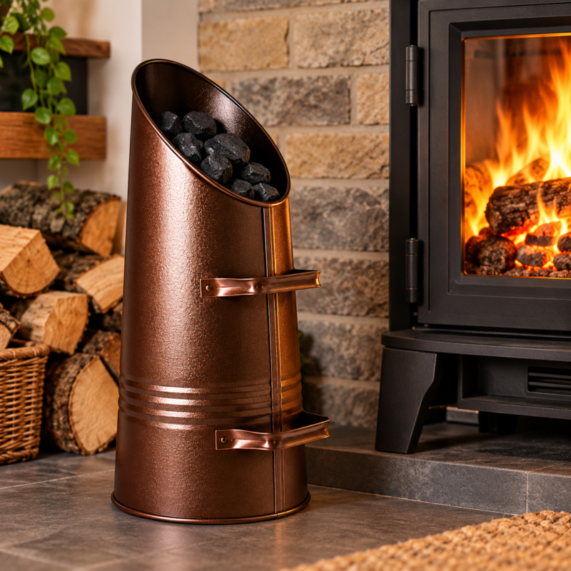 Metal Coal Hod - Fireplace Lifestyle Bronze metal coal hod beside a wood burning stove