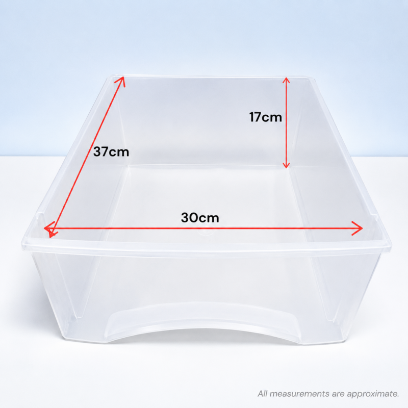 Clear plastic storage drawer measuring approximately 30cm wide 37cm deep and 17cm high