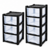 3 and 4 drawer plastic storage towers with black frames and clear drawers