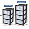 3 and 4 drawer plastic storage towers showing approximate dimensions