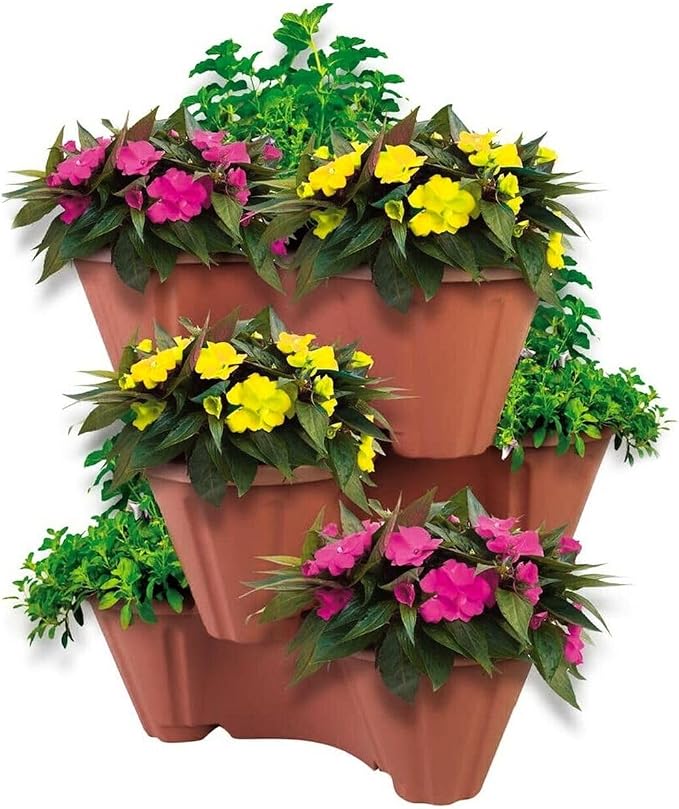 terracotta-strawberry-planter-flowers-lifestyle Stackable Strawberry Planter Pots - Black or Terracotta - Packs 1-6